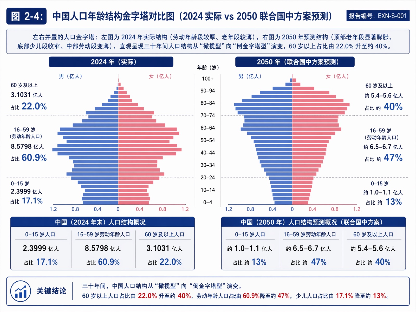 图2-4 中国人口年龄结构金字塔对比图(2024 实际 vs 2050 联合国中方案预测)