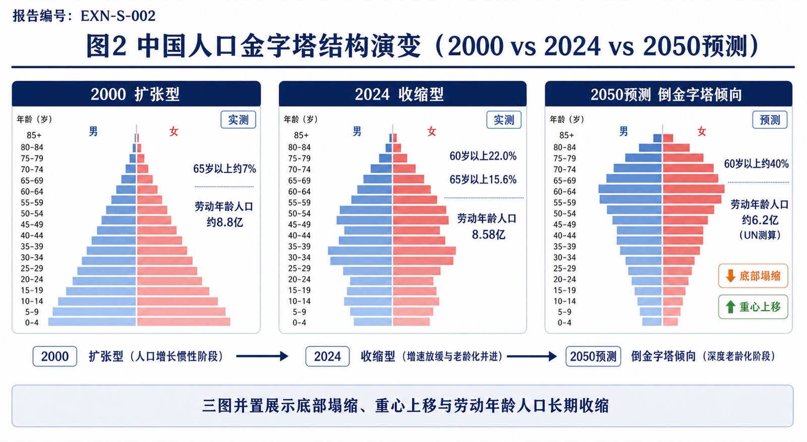 图2 中国人口金字塔结构演变(2000 vs 2024 vs 2050预测)