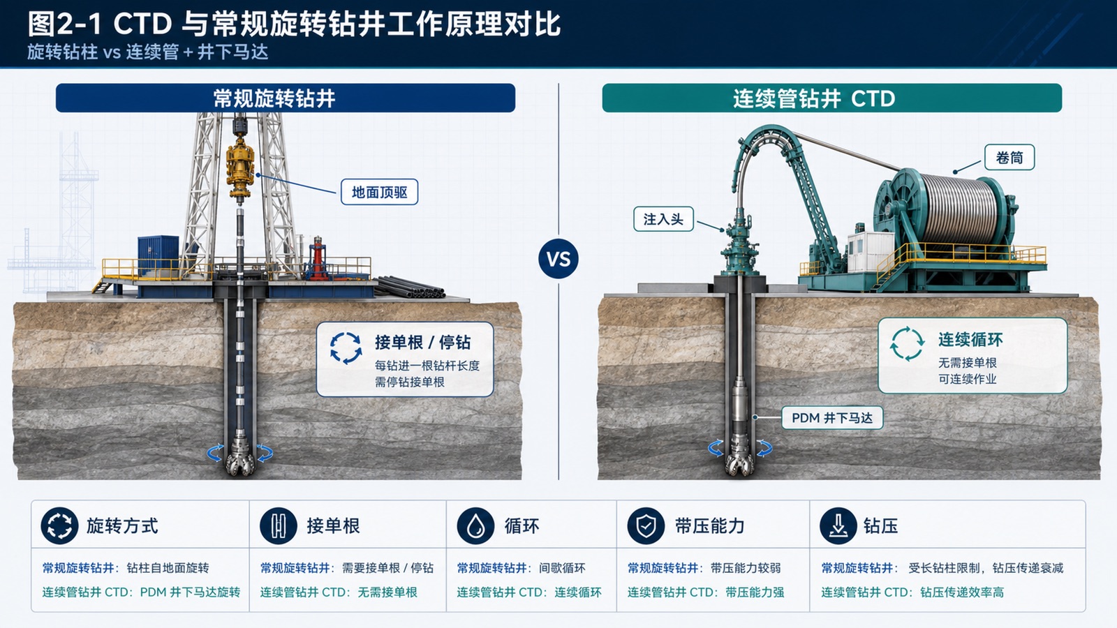 图2-1 CTD 与常规旋转钻井工作原理对比示意图