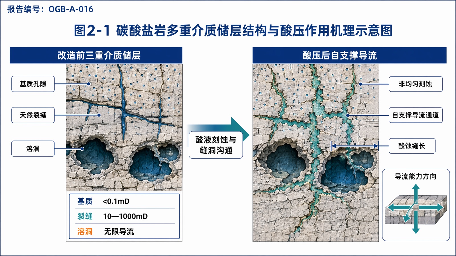 图2-1 碳酸盐岩多重介质储层结构与酸压作用机理示意图