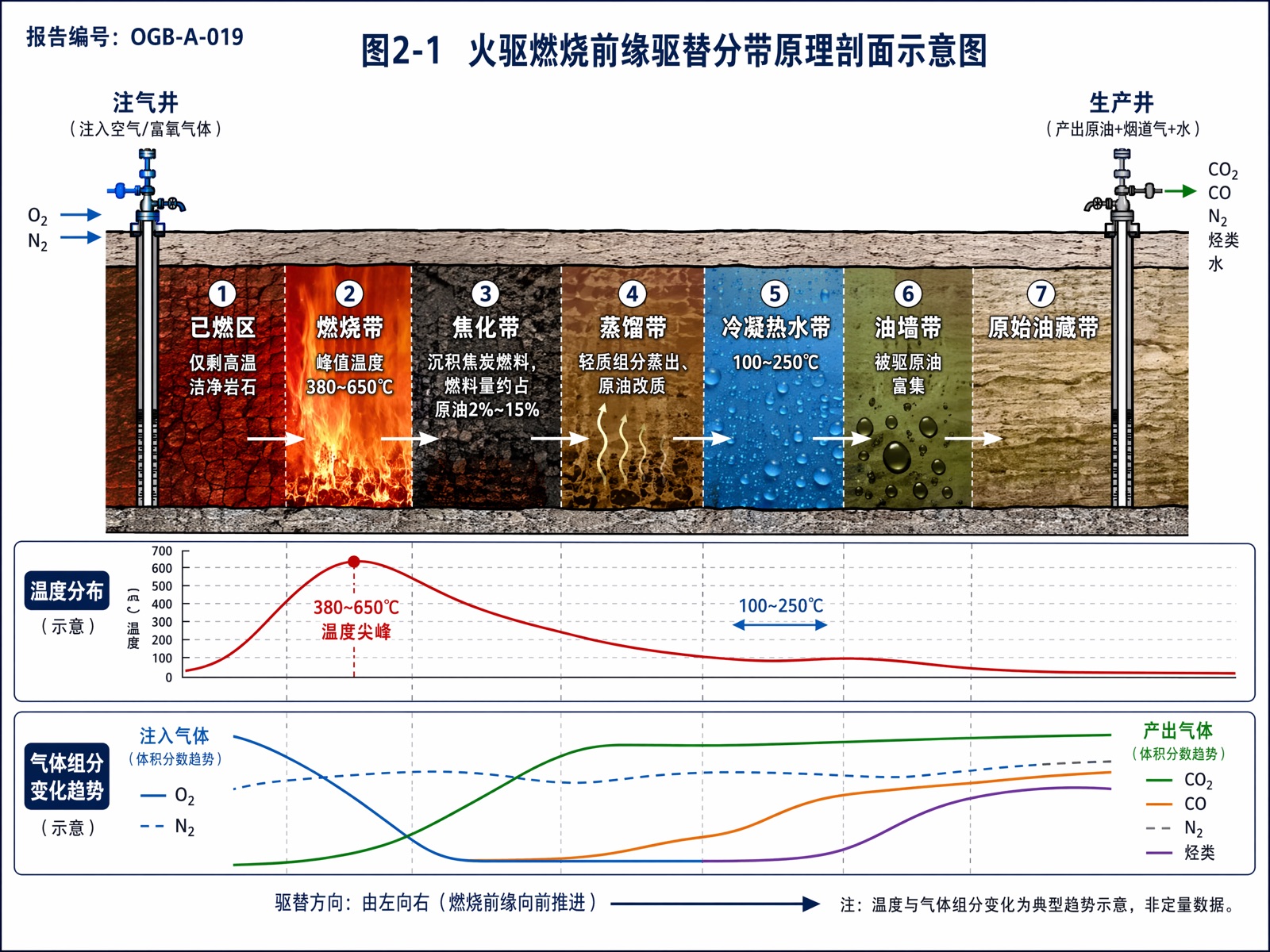 图2-1 火驱燃烧前缘驱替分带原理剖面示意图
