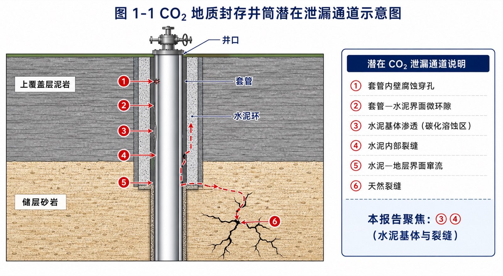 图 1-1 CO₂ 地质封存井筒潜在泄漏通道示意图